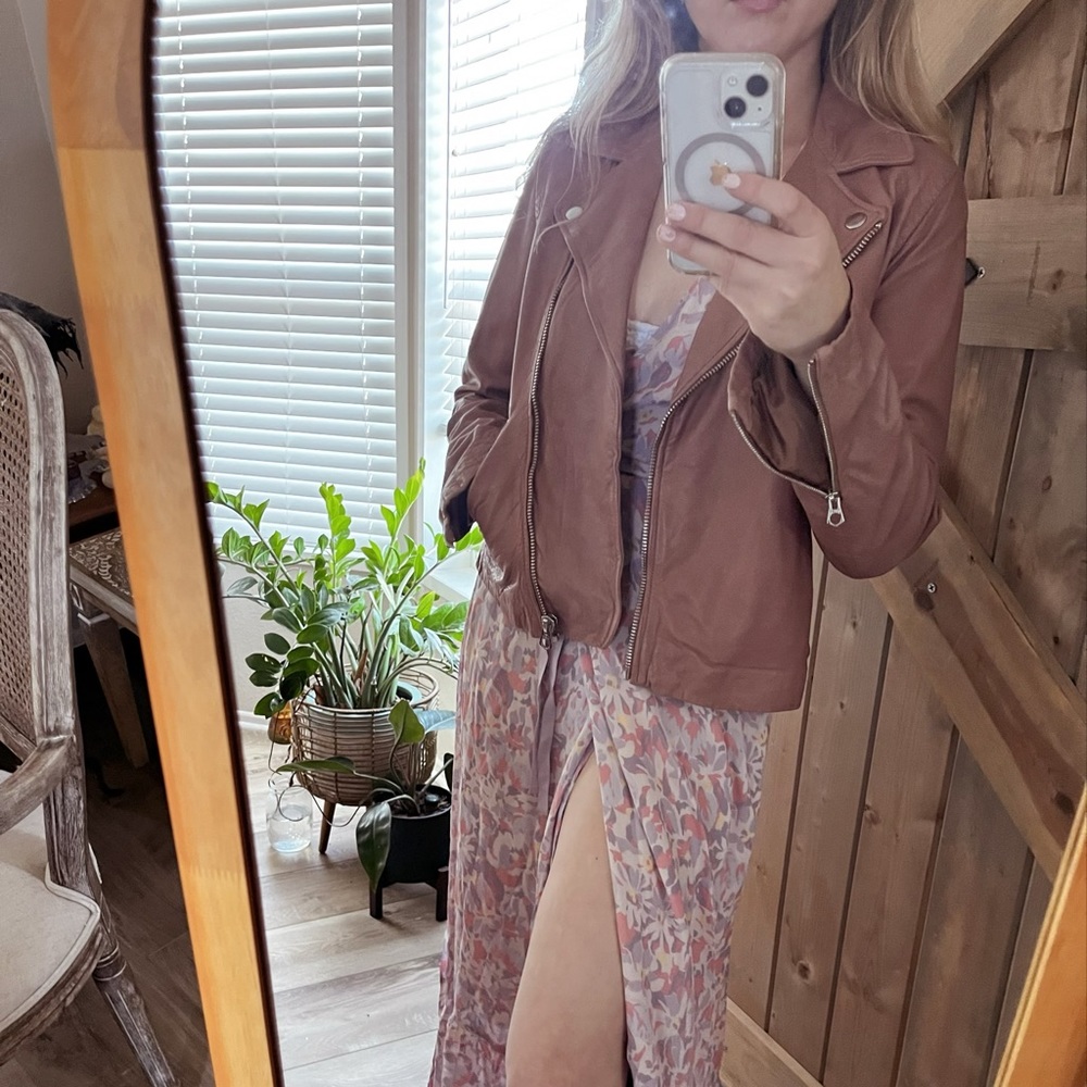 🪽RARE COLOR🪽Pink Leather🎀 Madewell Washed Leather Moto Faded Mauve winter trend